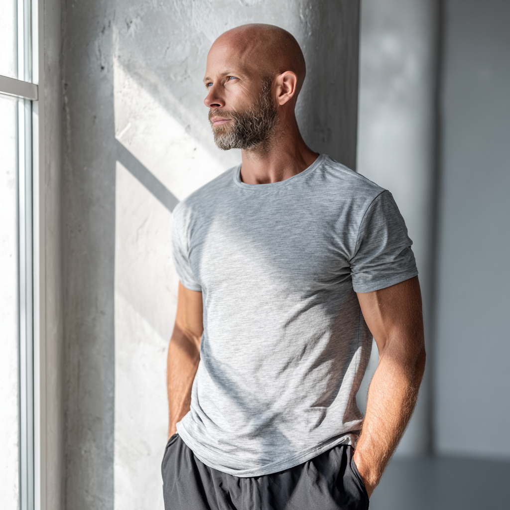 Smiling European fitness enthusiast in athletic wear holding dumbbells in a modern gym setting
