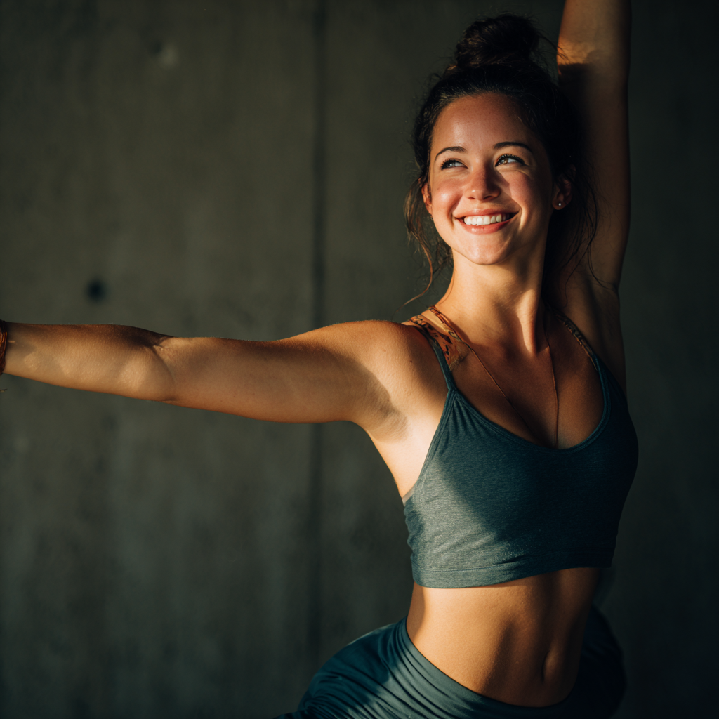 Happy European personal trainer in modern fitness attire demonstrating proper form with enthusiasm in bright studio